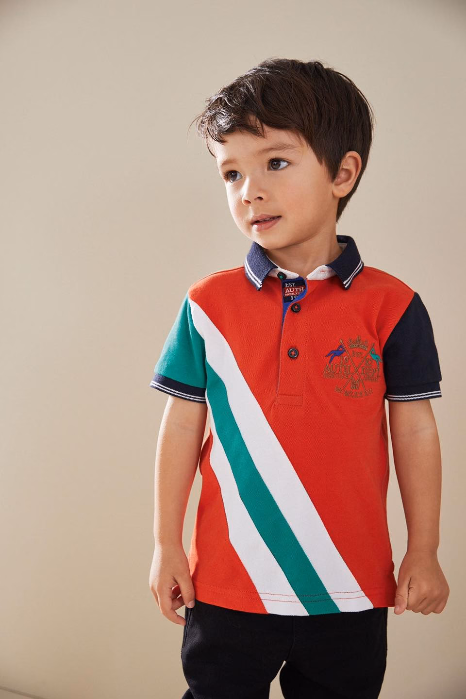 Next Boys Orange With Green Stripes Badge Polo