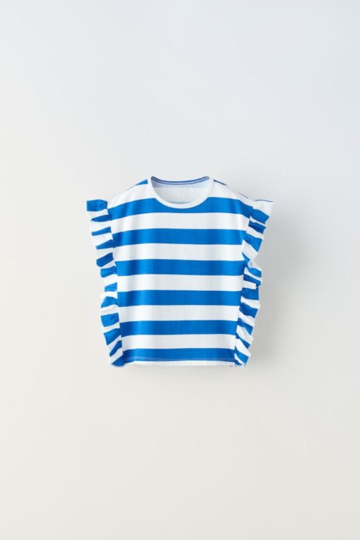 ZARA STRIPED T-SHIRT WITH RUFFLE TRIMS