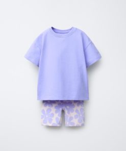 ZARA SOLID T-SHIRT AND PRINTED BIKE SHORTS SET BLUE