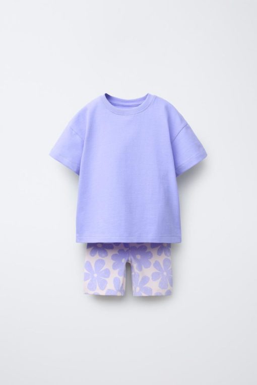 ZARA SOLID T-SHIRT AND PRINTED BIKE SHORTS SET BLUE