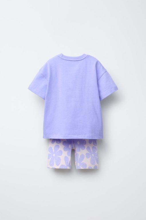 ZARA SOLID T-SHIRT AND PRINTED BIKE SHORTS SET BLUE - Image 2