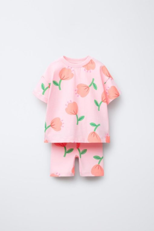 ZARA PRINTED T-SHIRT AND BIKER LEGGINGS SET PINK