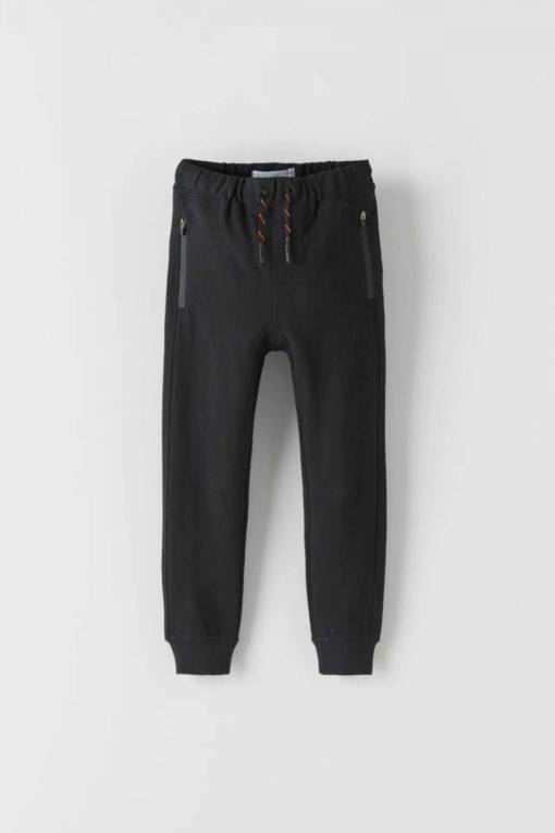 ZARA PLUSH PIQUÉ TROUSERS DOUBLE POCKET ZIP - BLACK