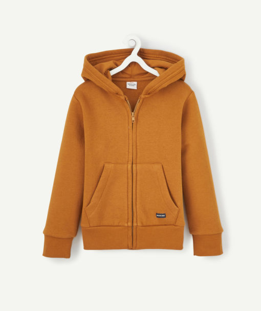 BOY'S OCHER ZIP-UP CARDIGAN WITH HOOD AND KANGAROO POCKET - MUSTARD