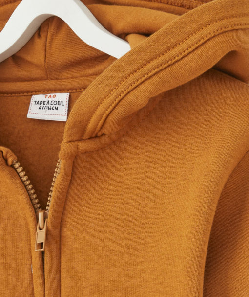 BOY'S OCHER ZIP-UP CARDIGAN WITH HOOD AND KANGAROO POCKET - MUSTARD - Image 2