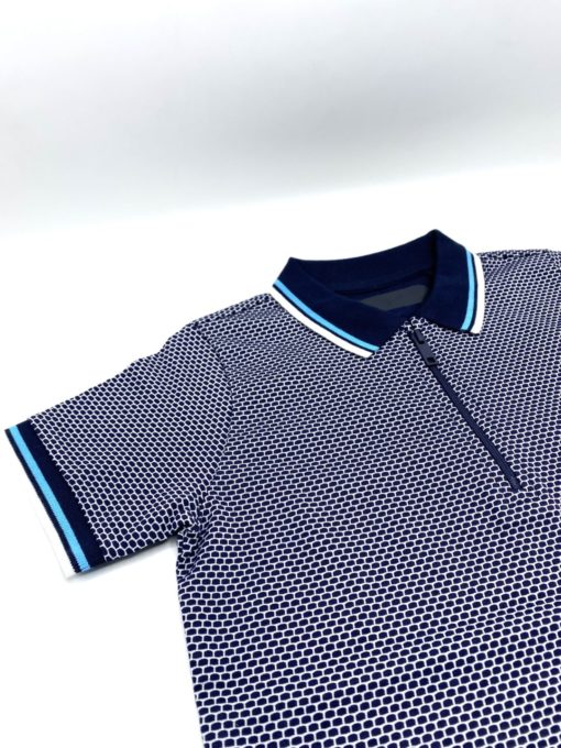 Textured Half Zip Navy Dotted Polo - Image 2