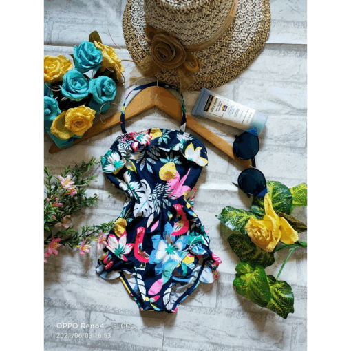 Marks & Spencer Floral Dark Blue Halter One Piece Swim Suit
