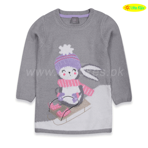 LITTLE KIDS GIRLS GREY AND WHITE LONG SWEATER WITH EMBROIDERED SNOW DOLL