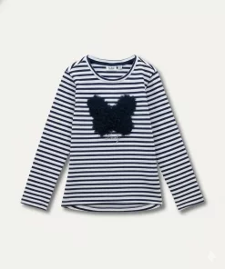 Blu Kids Lovely Butterfly Logo Striped Full Sleeves Tee Navy/White