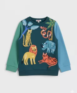 Du Pareil Boys Animals Embroidered Full Sleeves Tee Green
