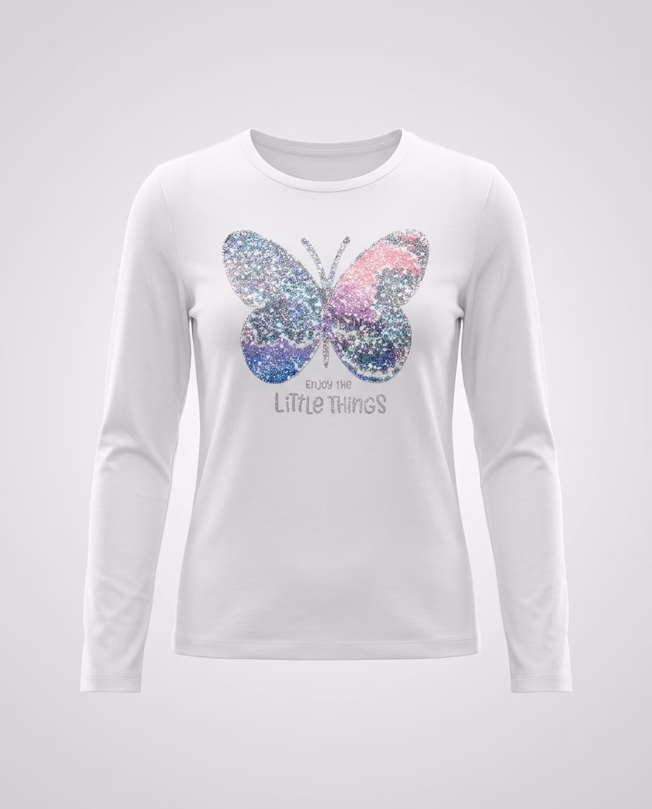 Blu Kids Enjoy the Little things Glitter Logo White Full sleeves Tee