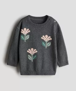 Mango Jacquard Knit Jumper Embroidered Flowers Charcoal