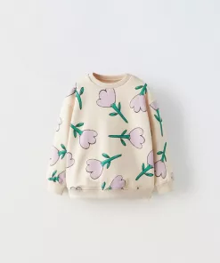 Zara Allover Flower Logo Sweatshirt Beige