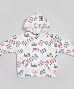 Tommy Girls Polar Fleece Allover Flag Printed White Hoodie
