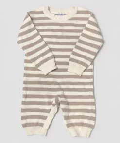 Mayoral Baby Stripped Big Smile Romper Cream and Brown