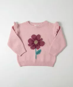 Little Girls Big Flower Ruffle-Sleeve Knit Sweater