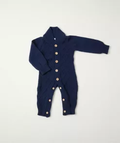 Tiny Threads Shawl Collar Cable Knit Romper Navy
