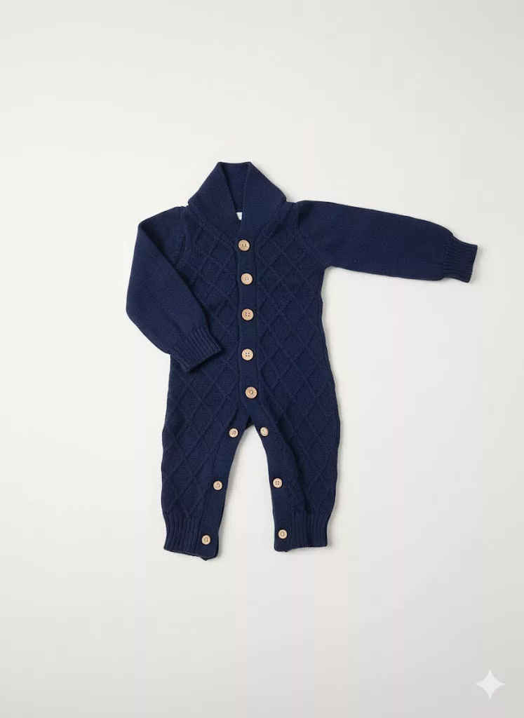 Tiny Threads Shawl Collar Cable Knit Romper Navy