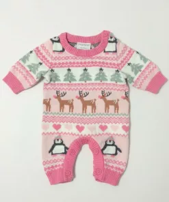 F&F Trees and Reindeer Knitted Baby Romper Pink