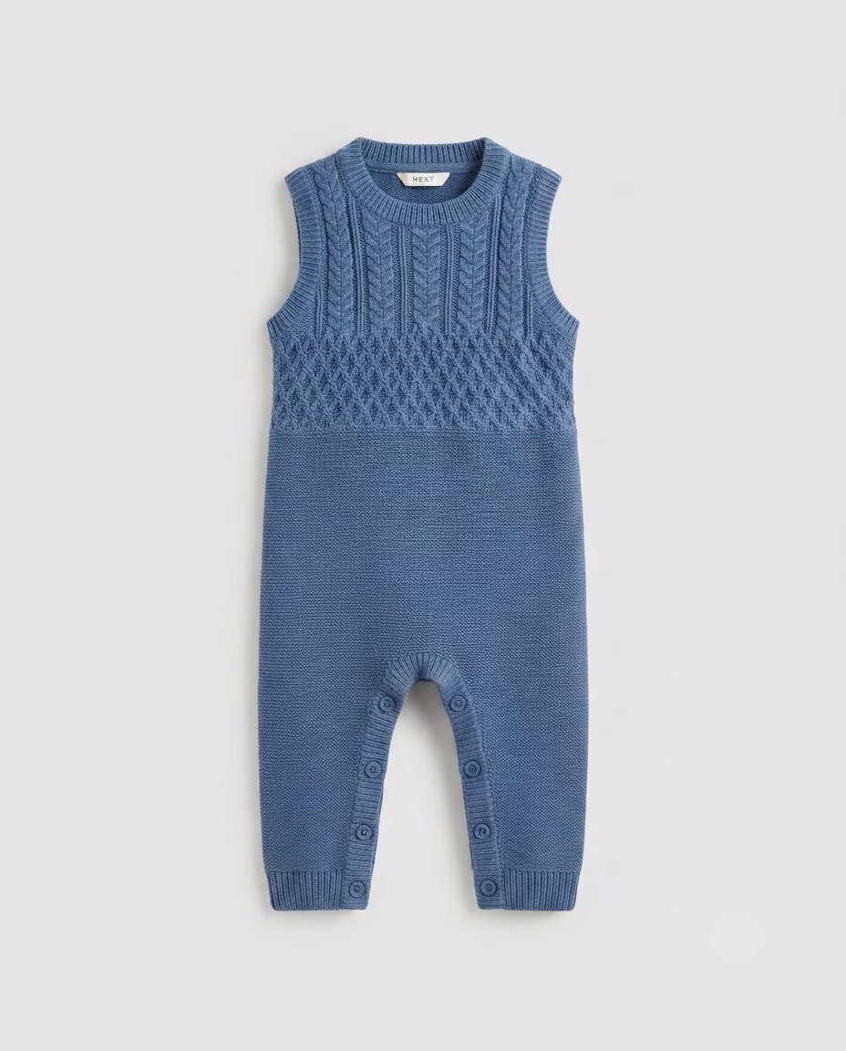 Cozy Knitted Cable-Knit Sleeveless Baby Romper Navy