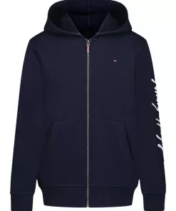 Tommy Sleeve Signature Logo Zip Hoodie Navy