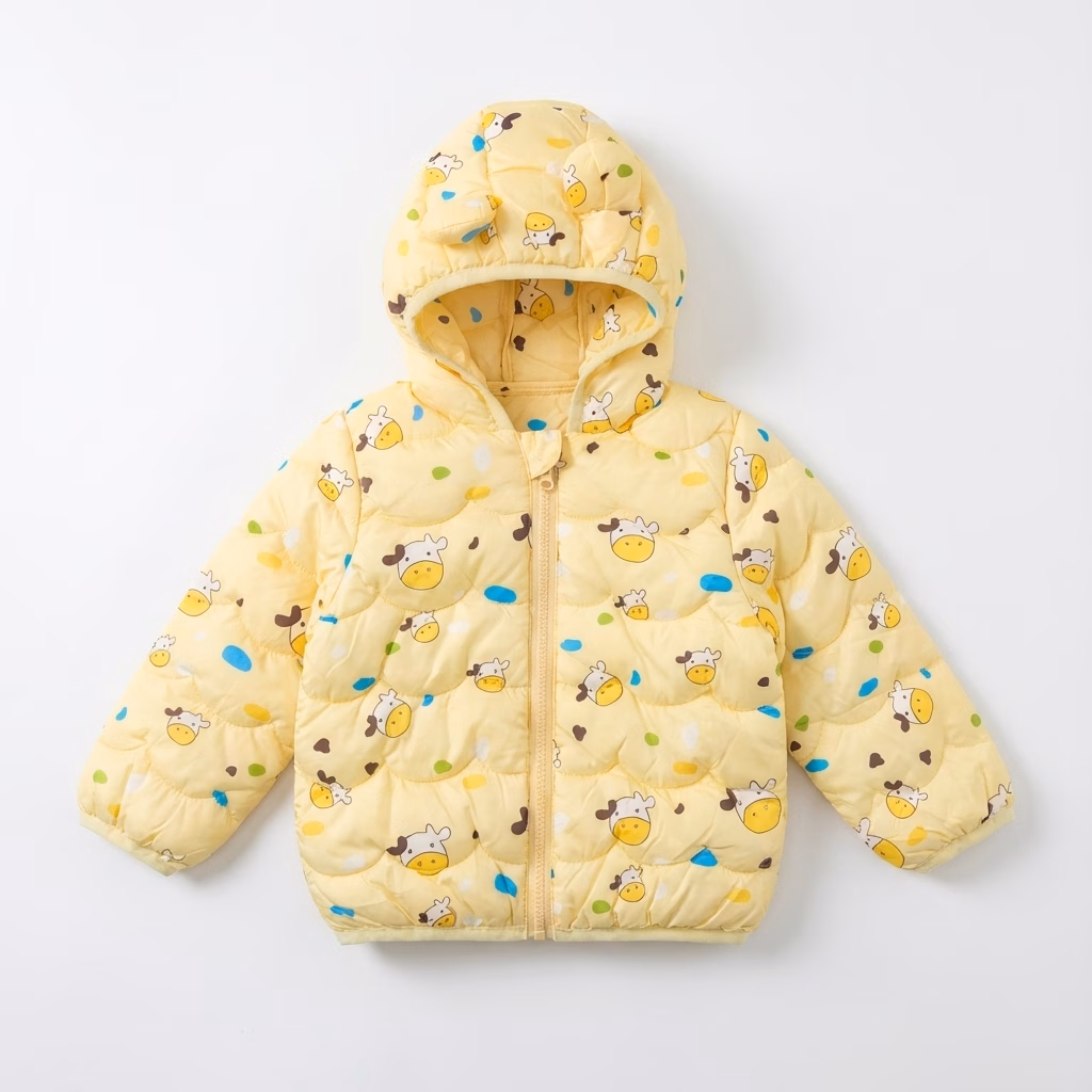 Fables Kids Cute Cow Printed Puffer Jacket - yellow