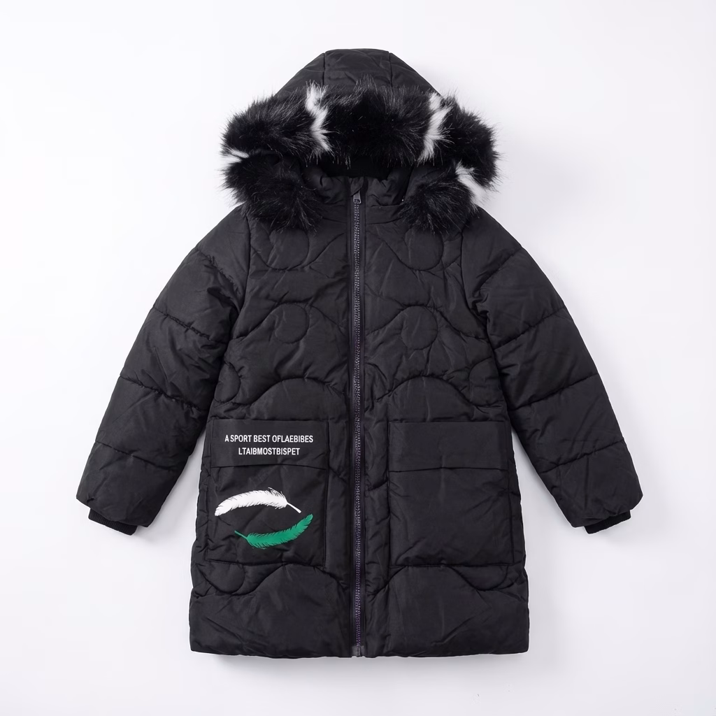 Di Taifash Girls Padded Long Jacket In Black