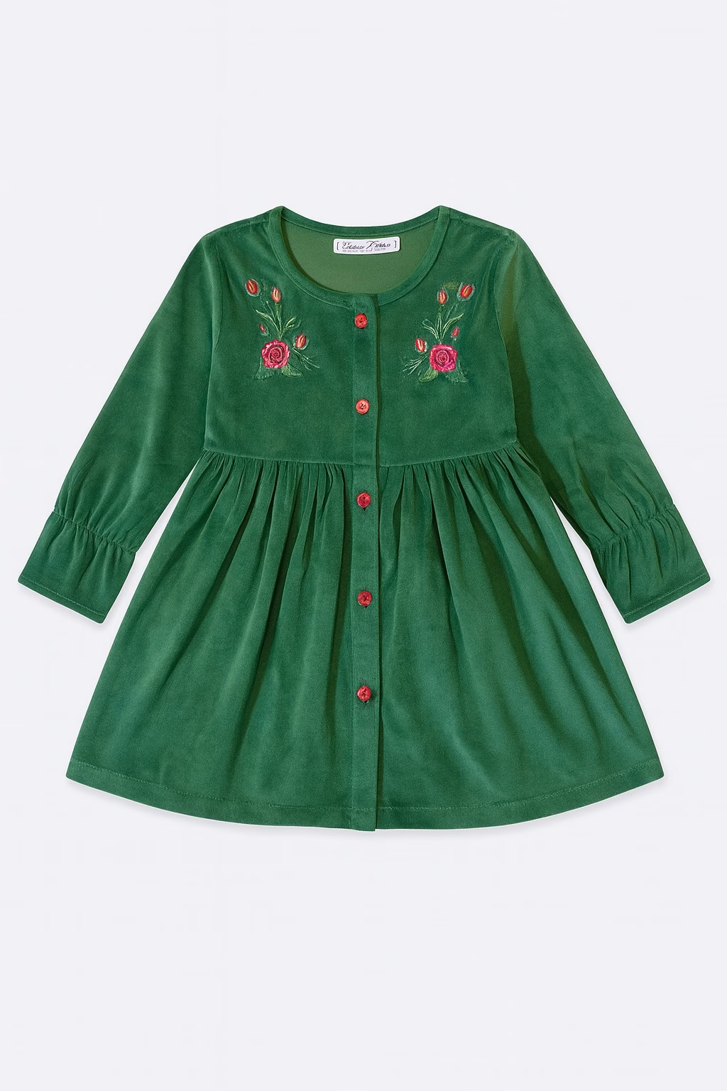 Tweens & Teens Girls Velvet Embroidered Buttoned Frock - Green