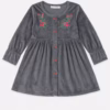 Tweens & Teens Girls Velvet Embroidered Buttoned Frock - Charcoal