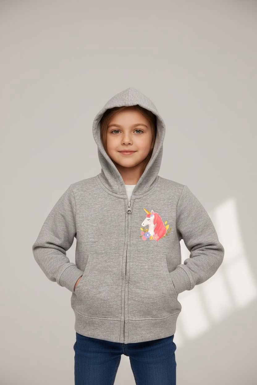 Baby Club Girls Unicorn Print Zipper Hoodie - Grey