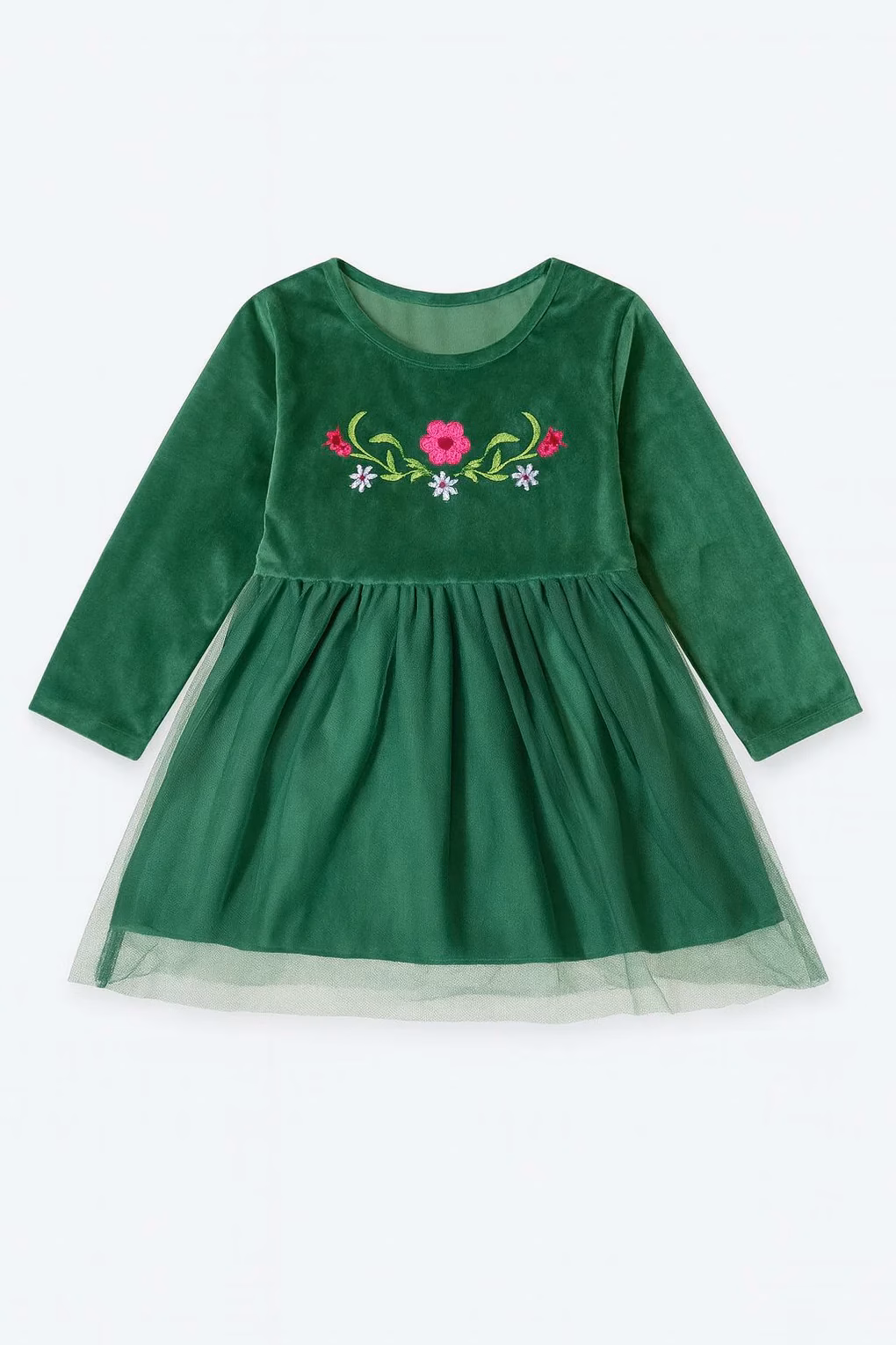 Tweens & Teens Girls Velvet Embroidered Fancy Frock - Green