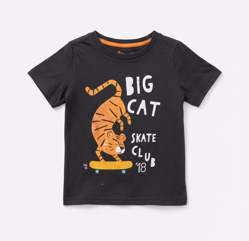Tu Kids Big Cat Print T-Shirt Charcoal