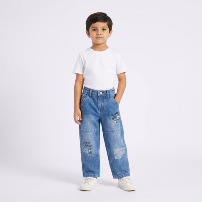 SARA Boys Loose Fit Graphic Denim - Mid Wash