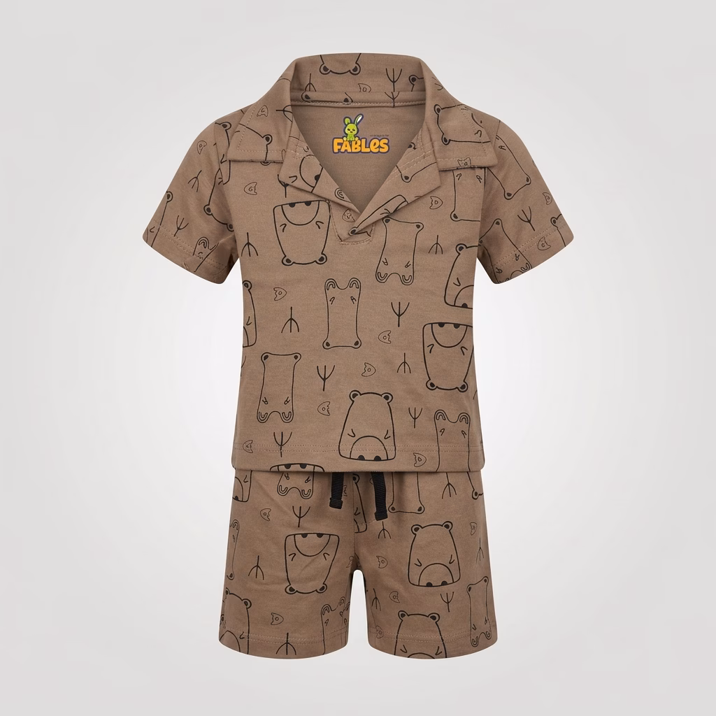 Fables LITTLE WILD — Sketch Bear Johnny Collar With Shorts Set - Brown