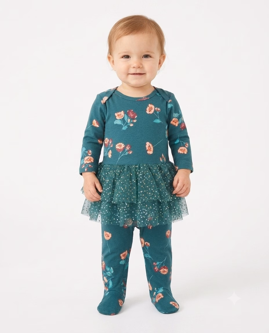 Baby Starters Floral Flowers Print Frock Romper Green