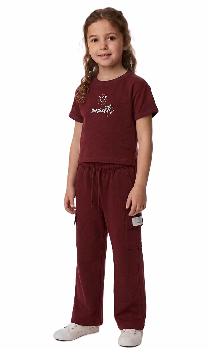 M&S Heart Rubber Logo T-Shirt & Cargo Trouser Set Maroon