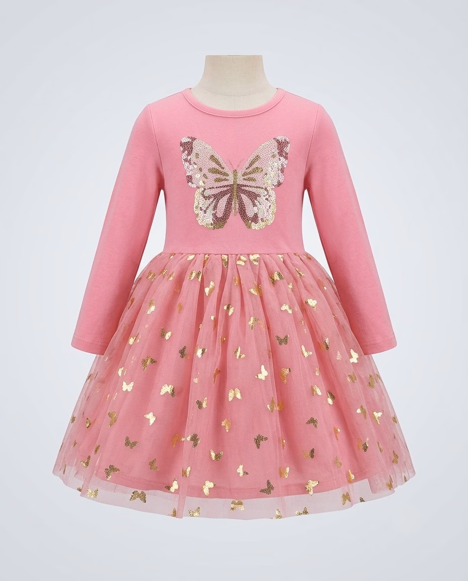 Btween Butterfly Glitter Logo Frock Pink - Image 2