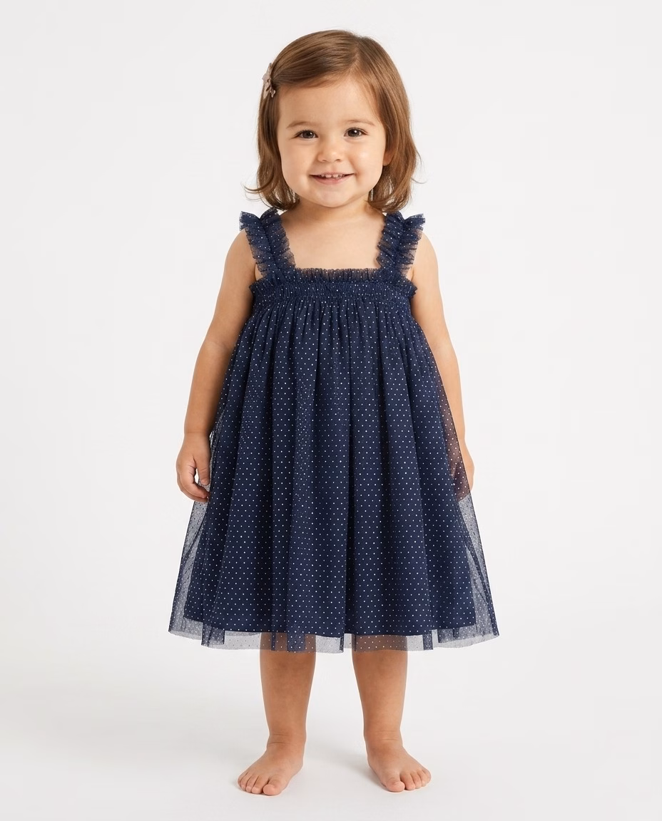 Next Baby Shimmer Ruffle Frock Navy Dotted