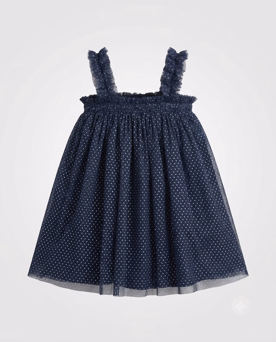 Next Baby Shimmer Ruffle Frock Navy Dotted - Image 2