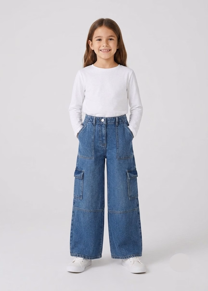 I Love Girlswear Cargo Pockets Denim Girls Blue