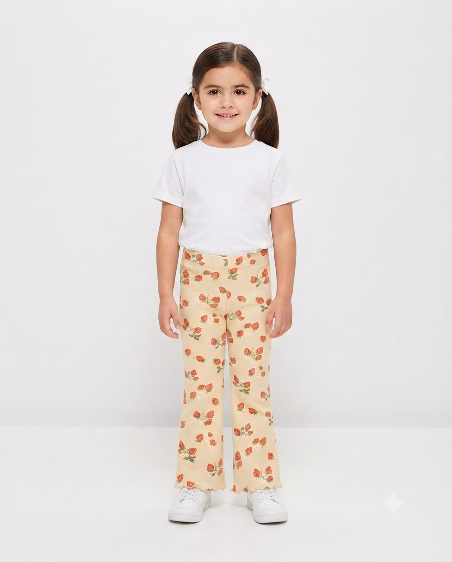 Zeeman Allover Strawberry & Flowers Print Logo Girls Cotton Leggings Beige - Image 2