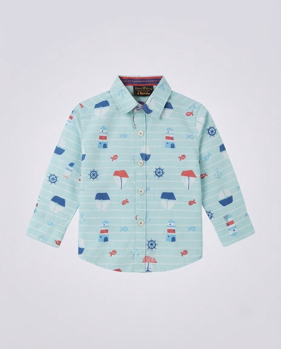 Tween & Teens Boat Anchor & Fish Logo Casual Shirt Sea Green