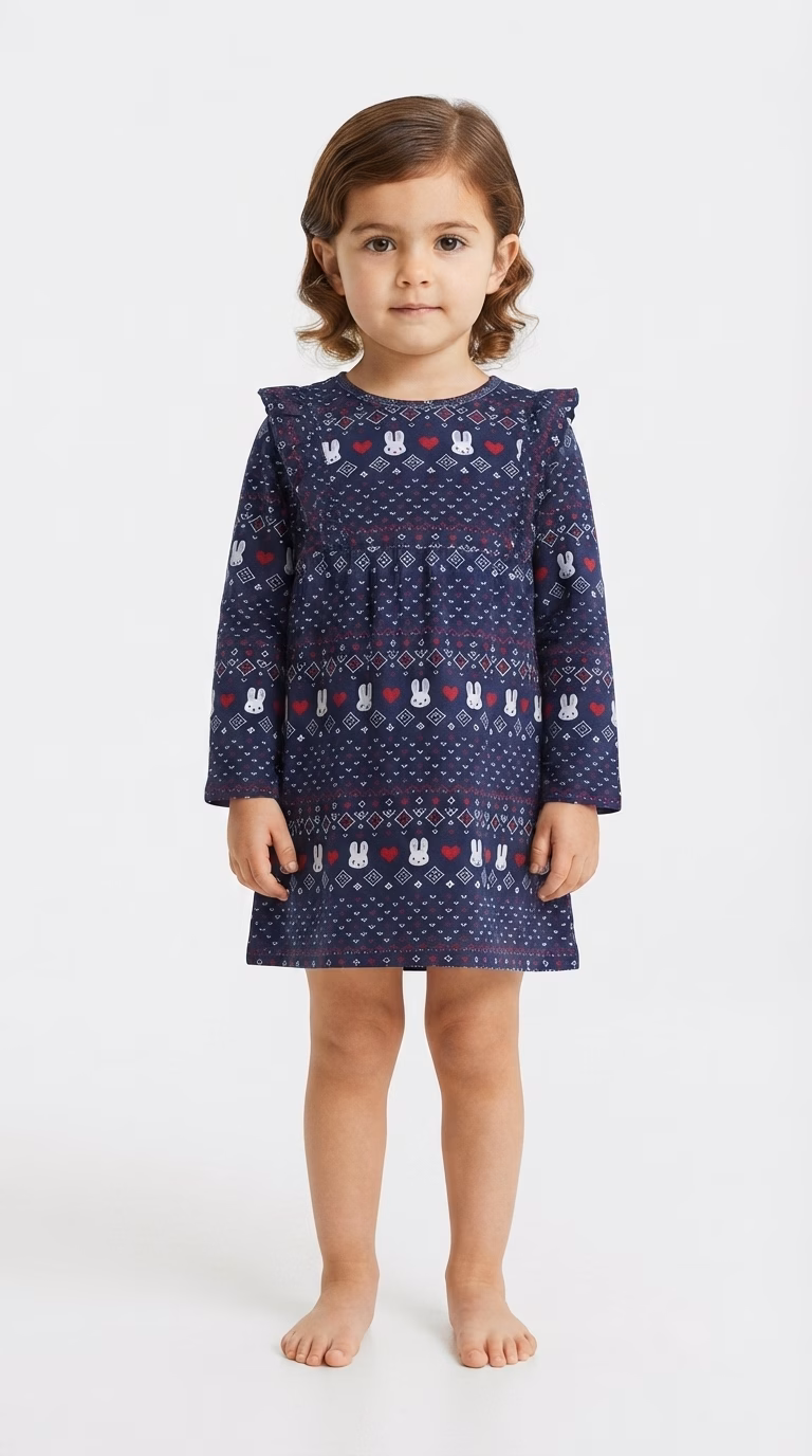 H&M Allover Bunny & Heart Graphic Logo Girls Frock Navy - Image 2