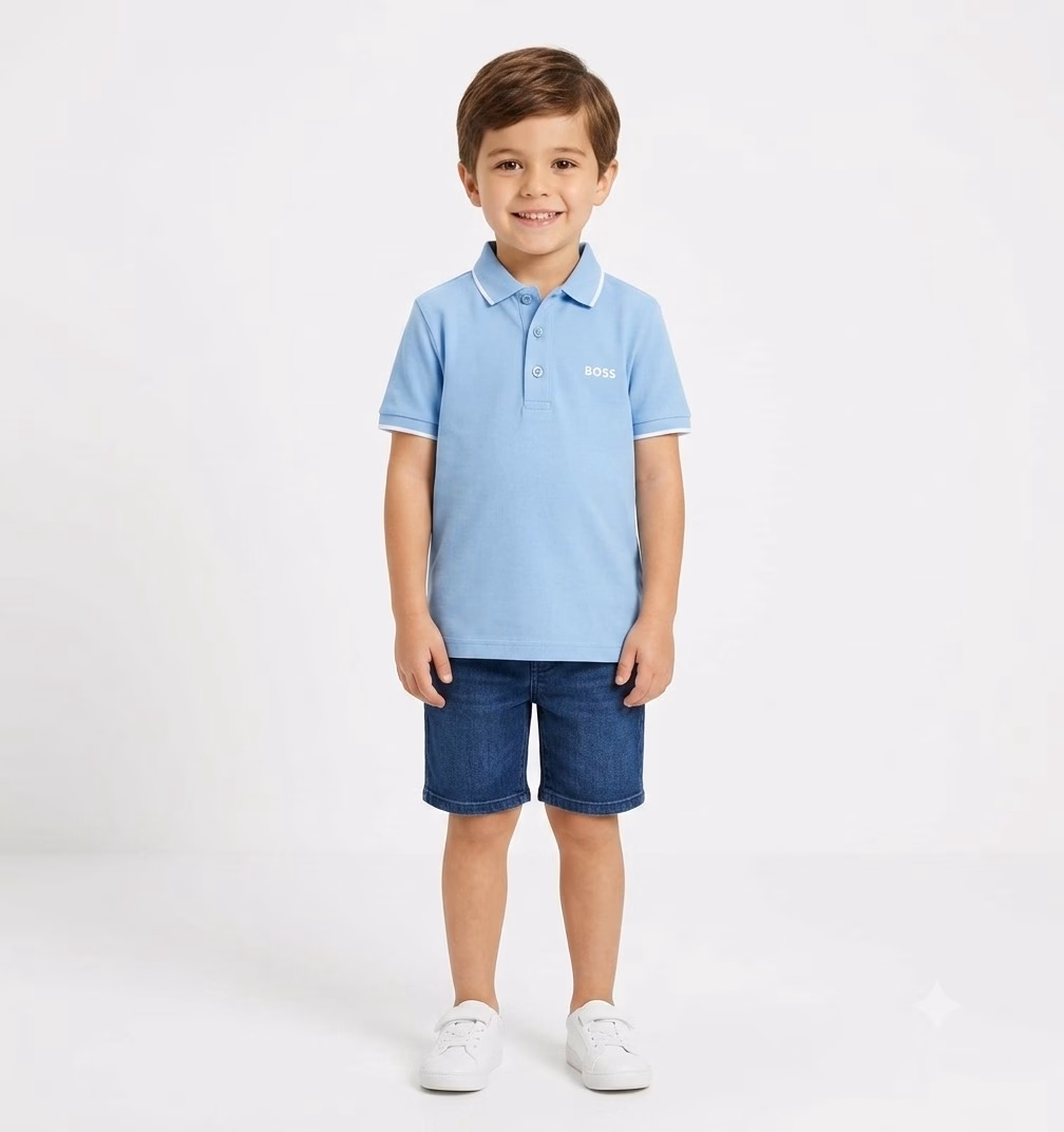 Hugo Boss Logo Print Collar Stripe Polo Tee Sky Blue - Image 2