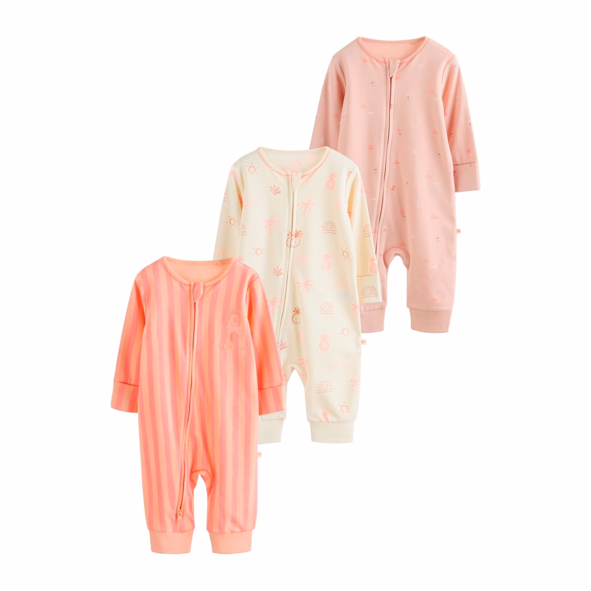 Next Baby Zip Romper 3 Pack Beige, Baby Pink and Pink. - Image 2