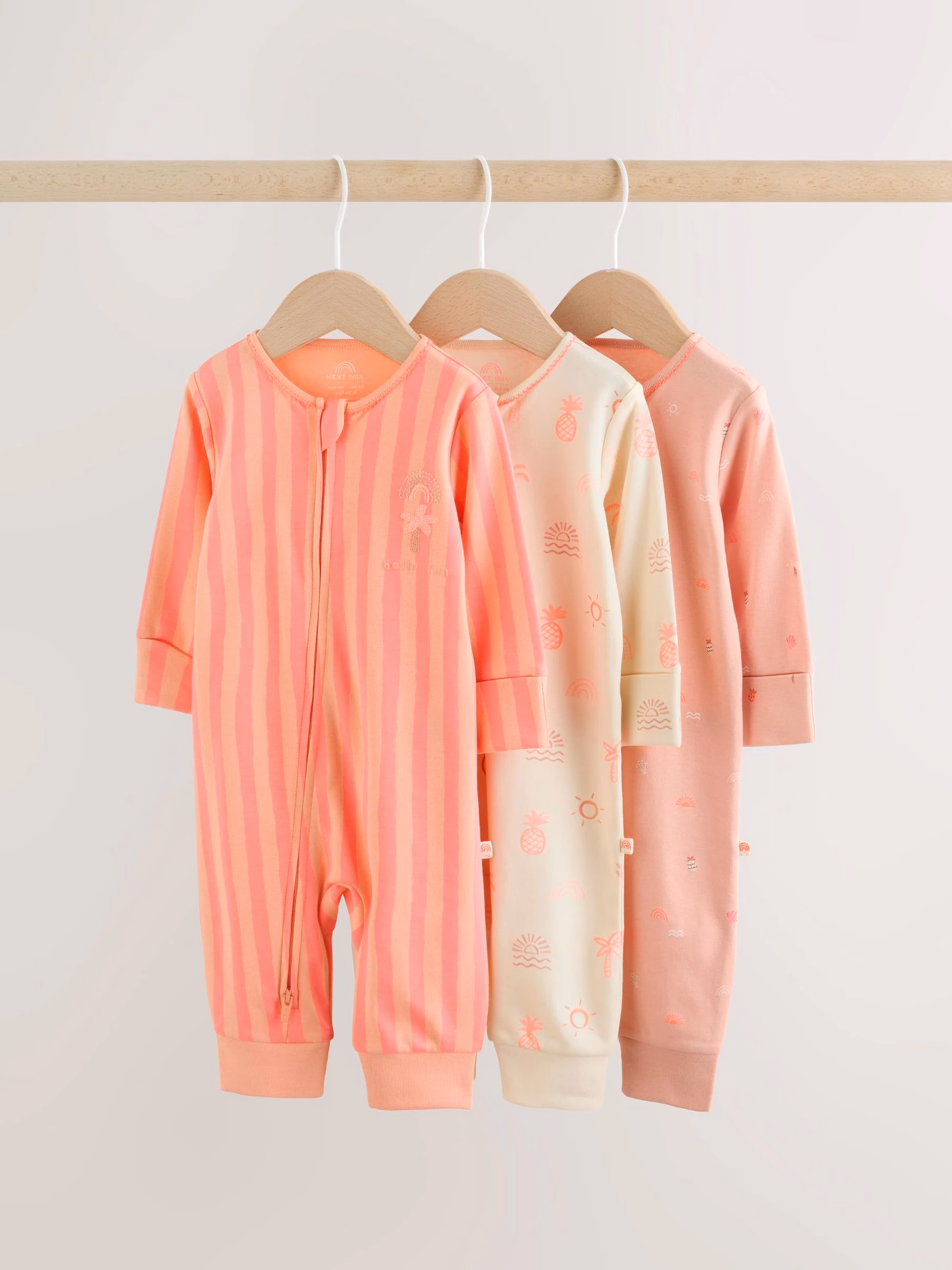 Next Baby Zip Romper 3 Pack Beige, Baby Pink and Pink.