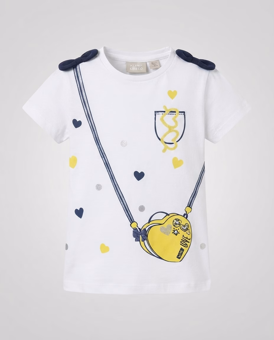 My First Chicco Heart & Glitter Lines Print Logo Tee White