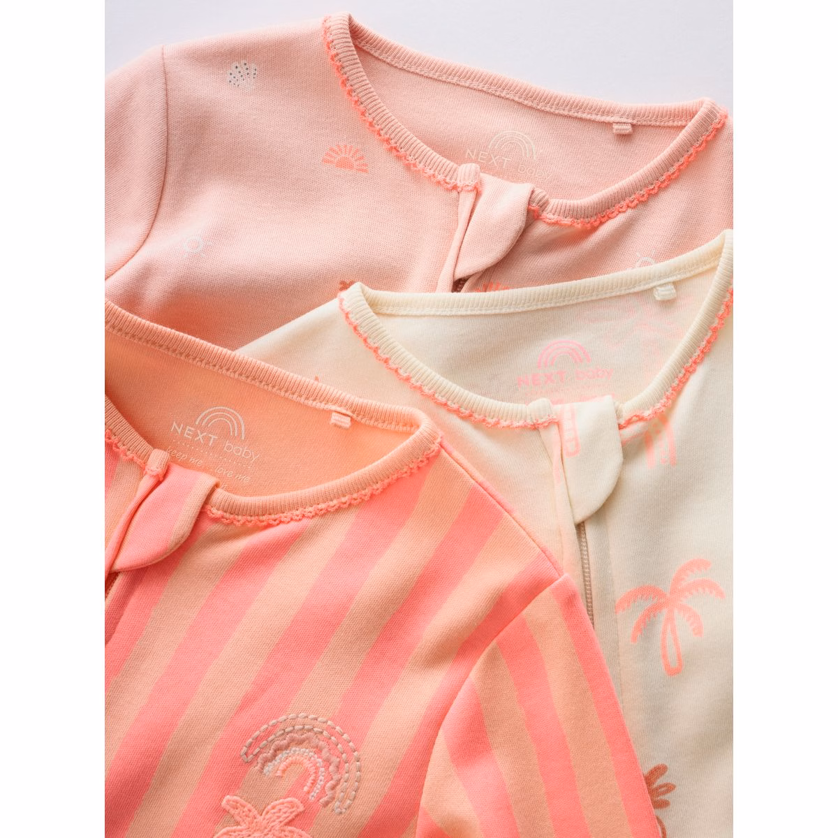 Next Baby Zip Romper 3 Pack Beige, Baby Pink and Pink. - Image 3