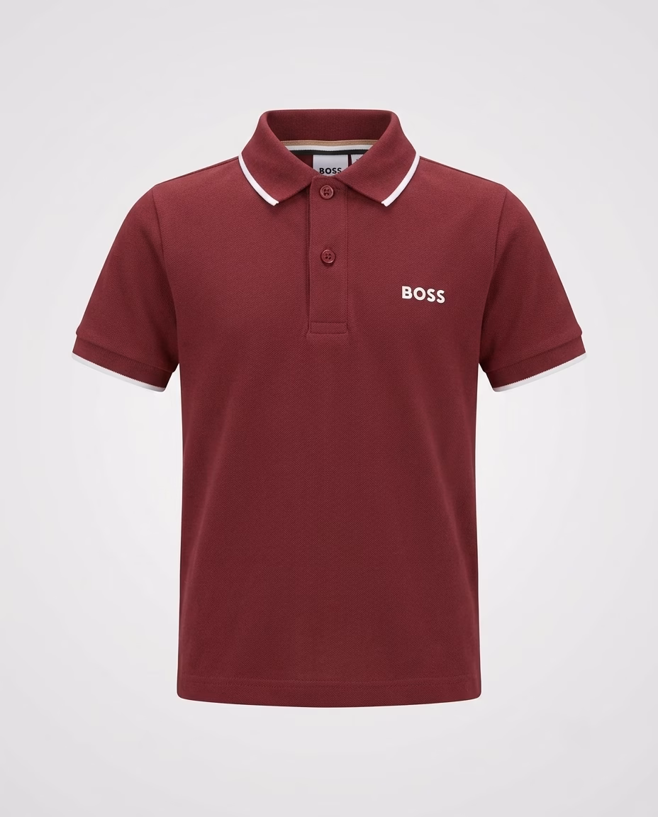 Hugo Boss Logo Print White Collar Stripe Polo Tee Maroon