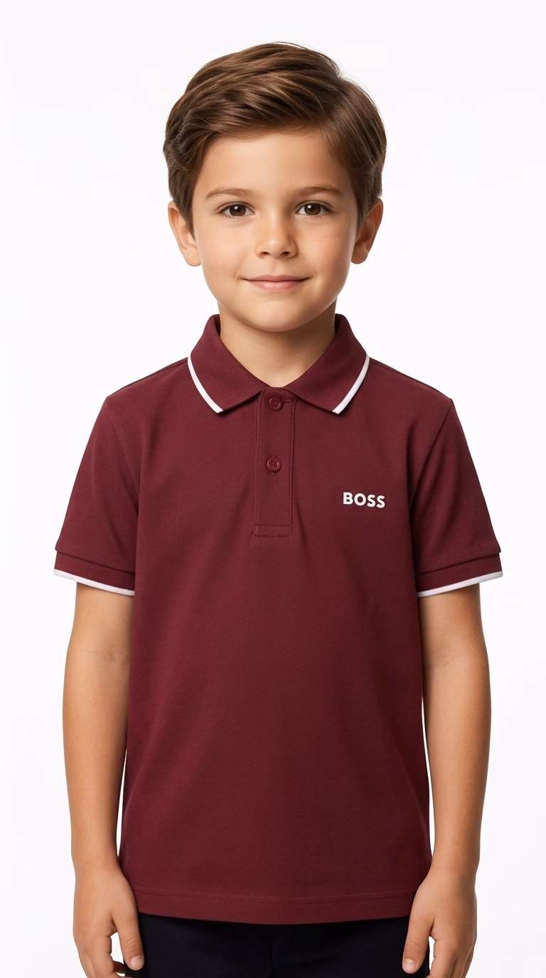 Hugo Boss Logo Print White Collar Stripe Polo Tee Maroon - Image 2
